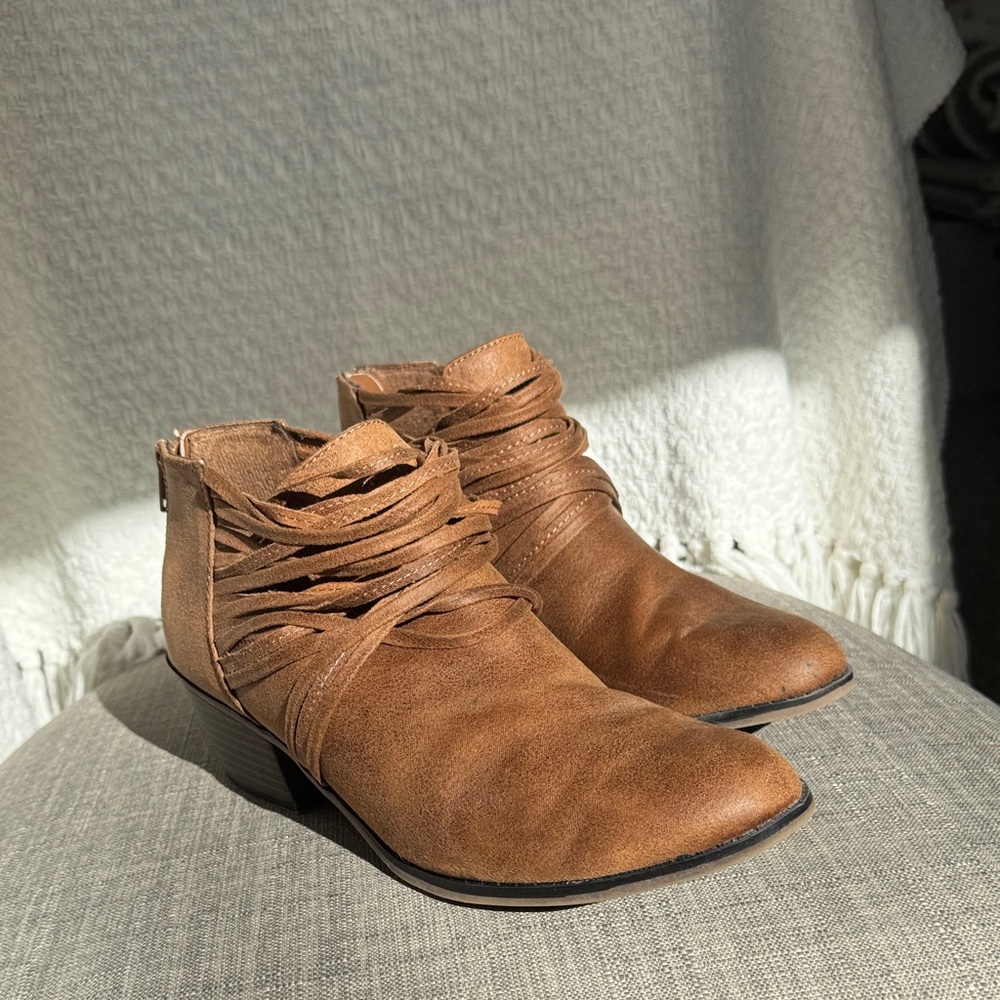 Time and Tru Tan Ankle Booties with Fringe